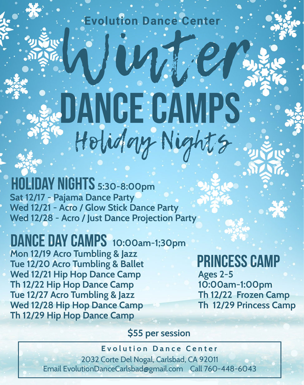 Winter Dance Camps Holiday Nights flyer for sign ups