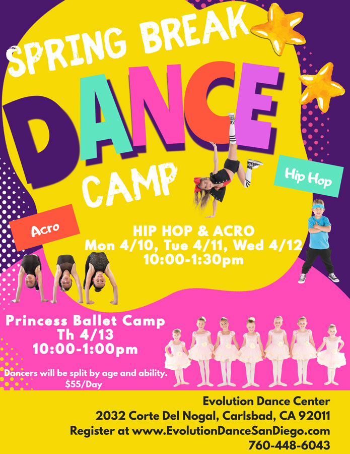 Spring Break Dance Camp 2023 flyer with address.