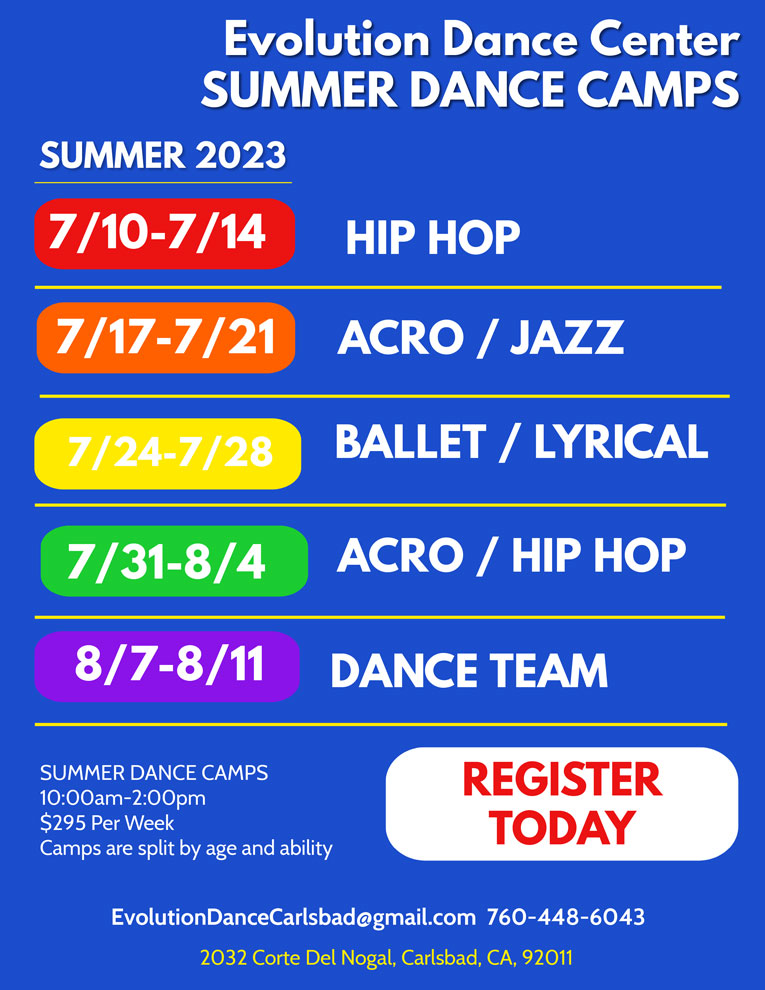 Summer Dance Camps 2023 flyer with location