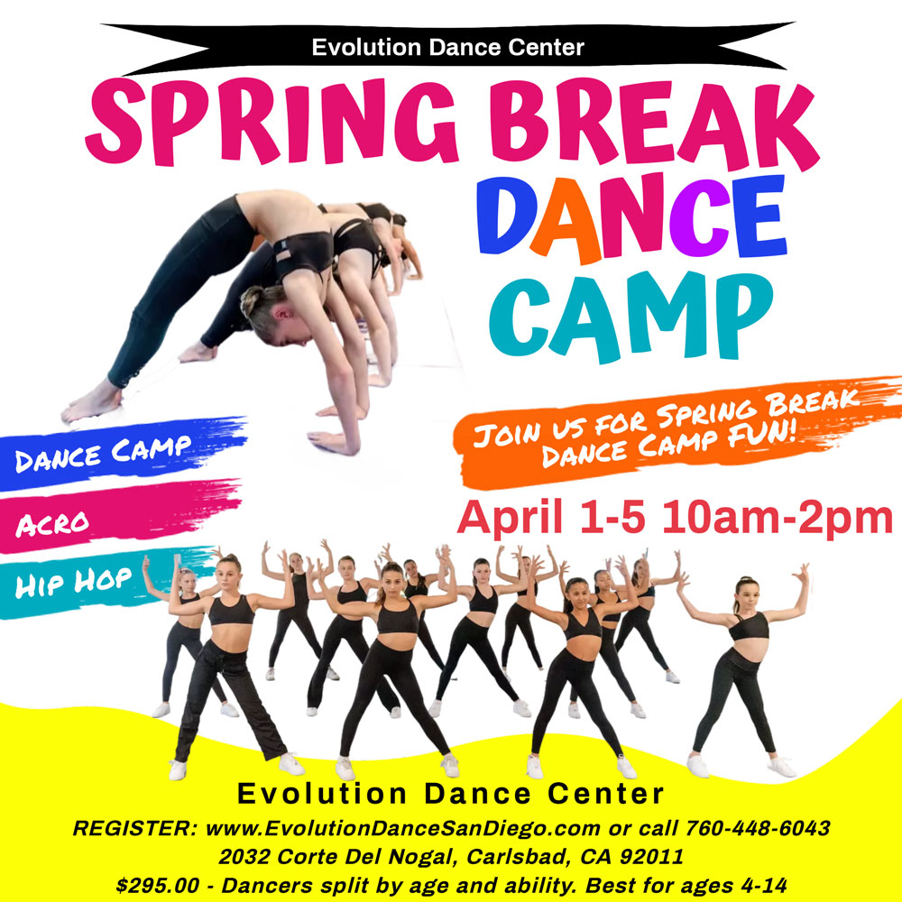 Spring Break Dance Camp flyer for 2024 with young kids dancing.