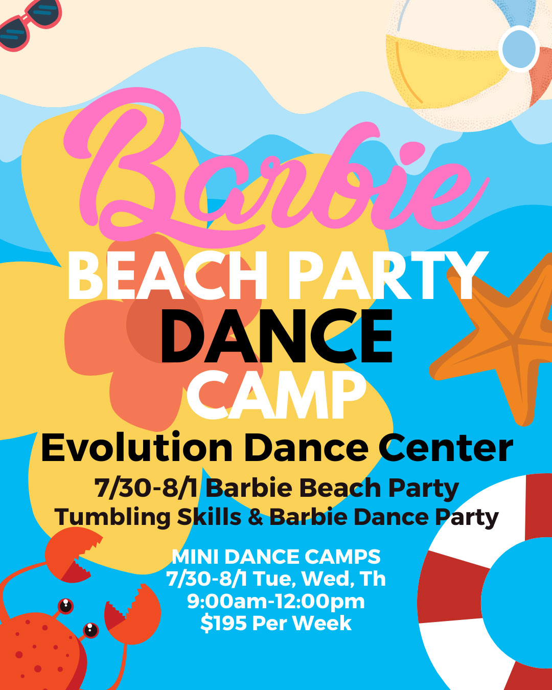 Barbie Beach Party Dance Camp flyer.