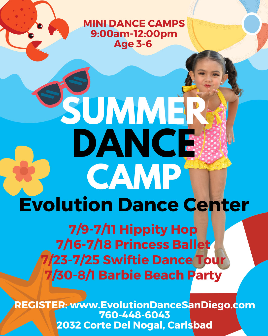 Summer Dance Camp flyer with young girl in bathing suit.