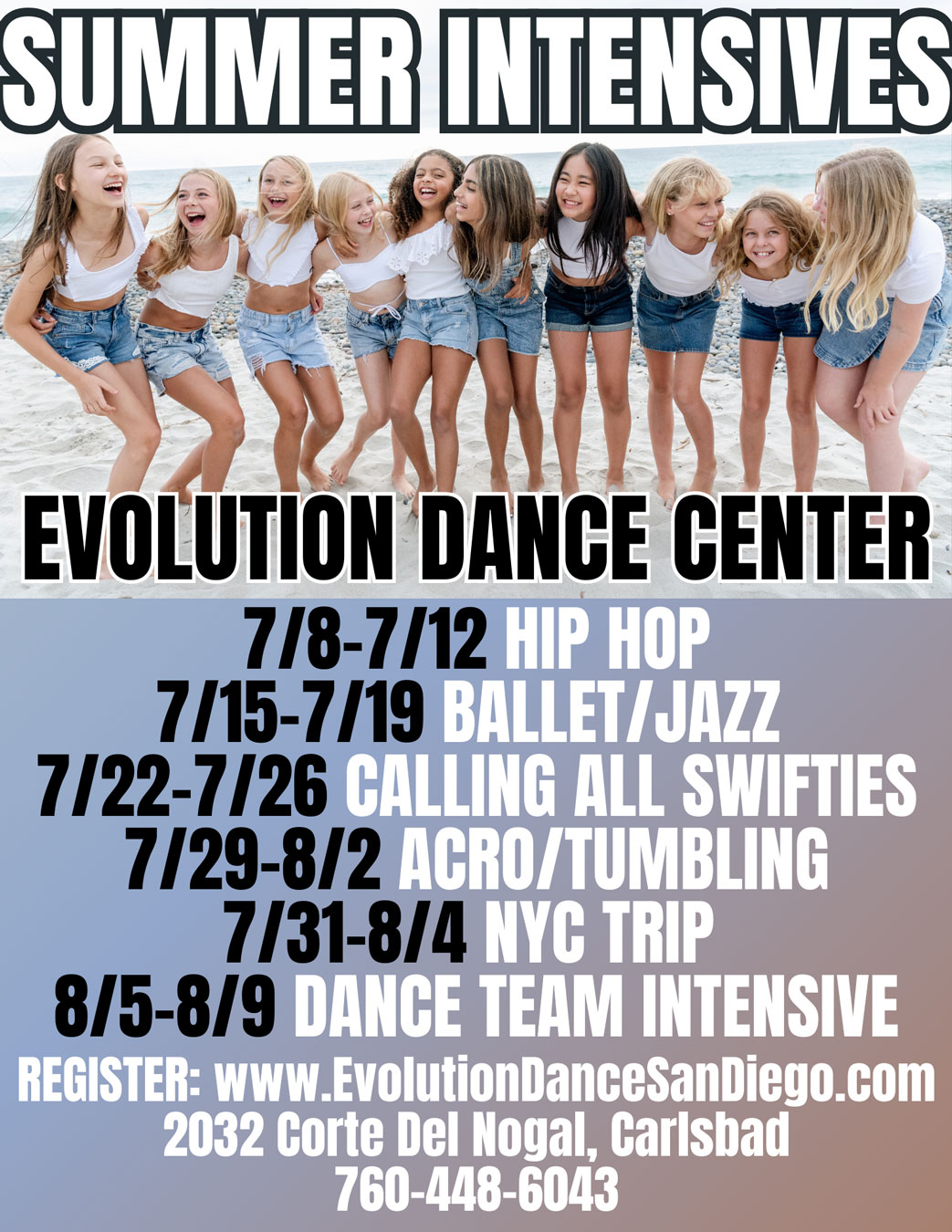 Summer Intensive dance camp flyer with teen dancers featured on the flyer.