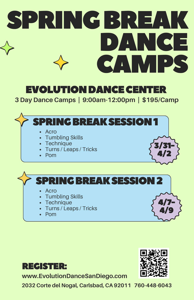 Big Spring Break Dance Camp flyer for Evolution Dance Carlsbad.