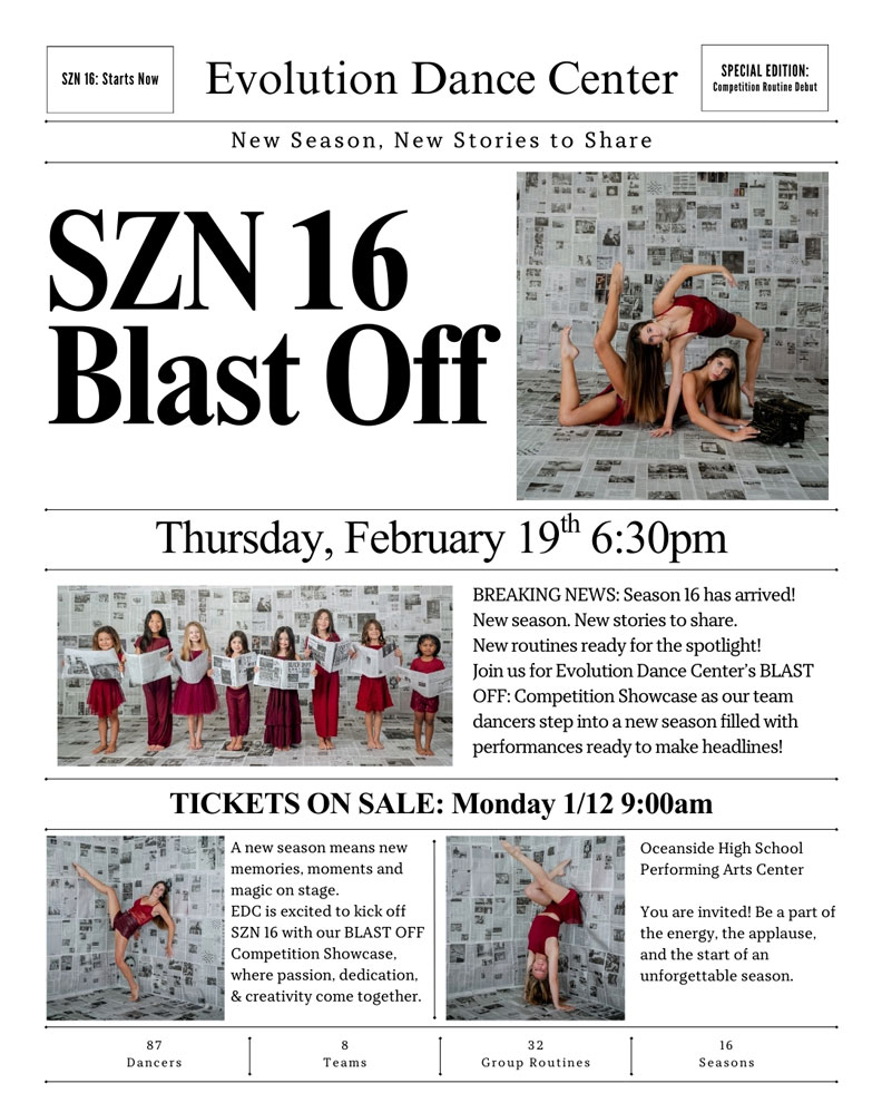 Evolution Dance Center in Carlsbad, California flyer for Season 16 Dance Competition Showcase 2026.
