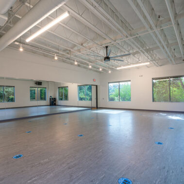 Dance Studio narrow nice with social distancing stickers on the floor