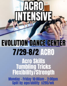 Acro Intensive dance camp flyer with teen dancers featured on the flyer.
