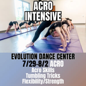 Acro Intensive dance camp square flyer with teen dancers featured on the flyer.