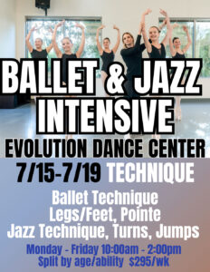 Ballet and Jazz Intensive dance camp flyer with teen dancers and dance instructor featured on the flyer.