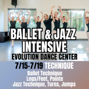 Ballet and Jazz Intensive dance camp square flyer with teen dancers and dance instructor featured on the flyer.