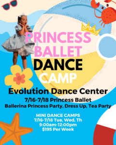 Princess Ballet Dance Camp flyer with young girl in princess costume.