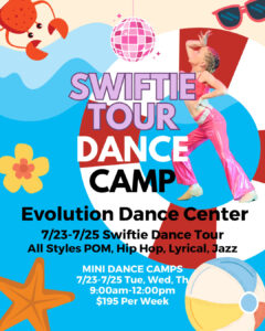 Swiftie Tour Dance Camp for kids flyer, with young girl in a dance pose.