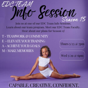 Young girl doing a legs stretch on a flyer for team info sessions.