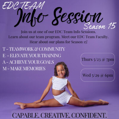 Young girl doing a legs stretch on a flyer for team info sessions.