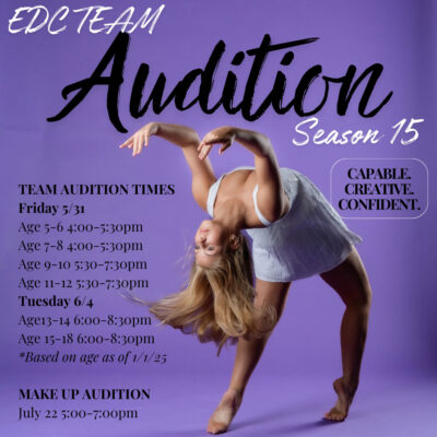 Young lady dance doing a back bend on a flyer for Dance Team Auditions.
