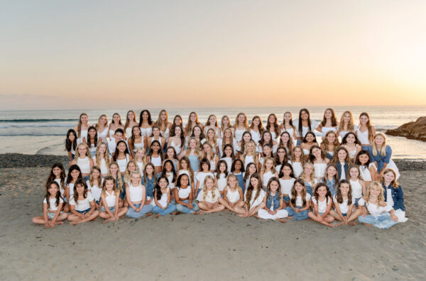 Group picture of young dance female teens on the beach.