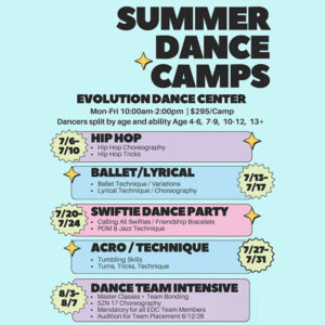 Summer Dance Camp flyer for Evolution Dance Carlsbad.