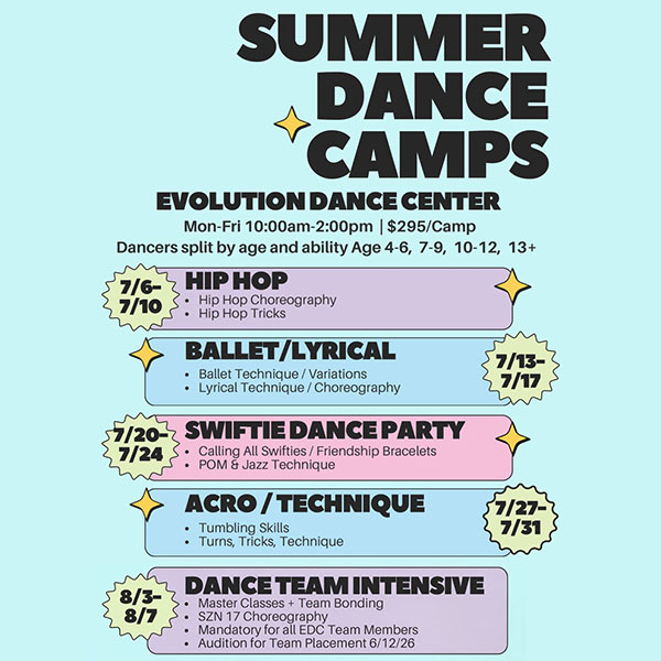 Summer Dance Camp flyer for Evolution Dance Carlsbad.